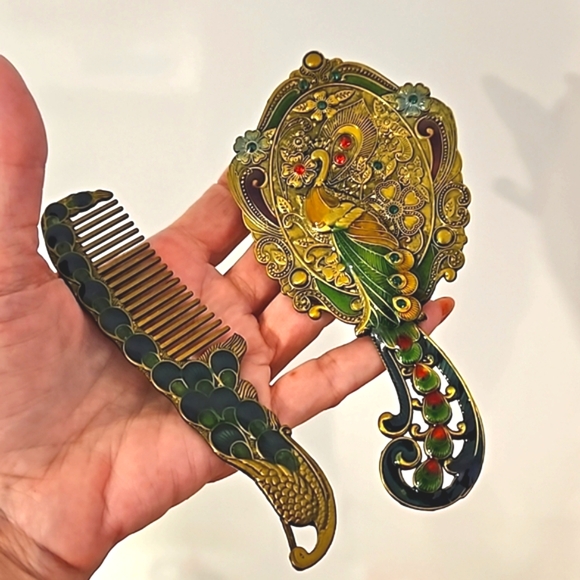 Boutique Other - Peacock hand mirror comb vanity set enamel rhinestones hair accessories decor